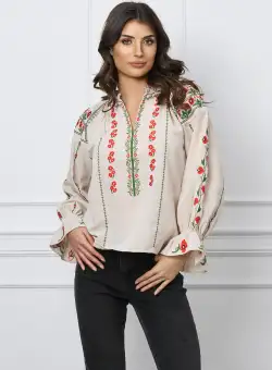 Bluza Mary bej cu flori corai