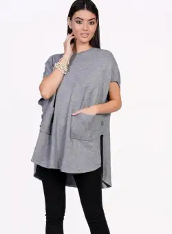 Bluza Mona tip poncho gri din tricot cu buzunare