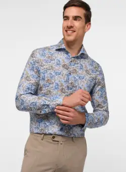 Camasa imprimeu blue, modern fit, pentru barbati, 59% bumbac 41% in, maneca lunga, model 4127 14 XS82 Eterna
