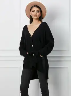 Cardigan Andreea negru cu buzunare si cordon in talie