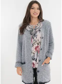 Cardigan gros alb-bleumarin cu nasturi