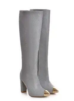 Cizme Valerie cu toc gros, imprimeu sarpe gri, accesorii aurii