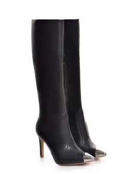 Cizme Valerie cu toc subtire, piele naturala, negre cu accesorii argintii