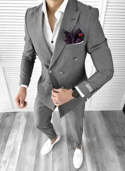 Costum barbati gri inchis in dungi slim fit in sacou + pantaloni 11712 P20-4.1