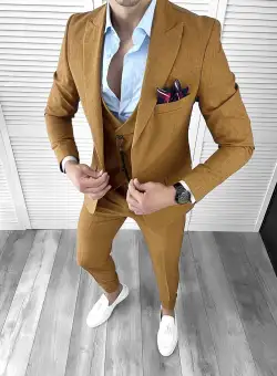Costum barbati maro slim fit in sacou + pantaloni + vesta 11779 123-1