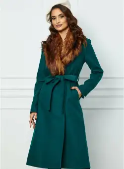 Palton Dy Fashion lung verde cu blanita si cordon in talie