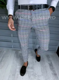 Pantaloni barbati eleganti regular fit gri in carouri B1561 B6-5.2 / 19-1 e ~