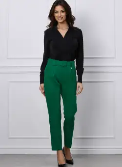 Pantaloni Dy Fashion verzi cu pliuri si curea in talie