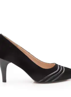 Pantofi eleganți damă din piele naturală -16216 Negru Velur Lac