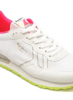 Pantofi sport PEPE JEANS albi, BRIT NEON, din material textil