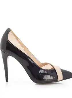 Pantofi stiletto din piele lacuita - 597-13 Negru Bej Lac