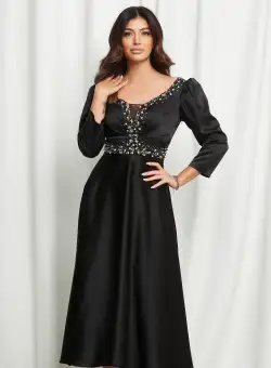 Rochie Anisia neagra cu strasuri pe bust si talie