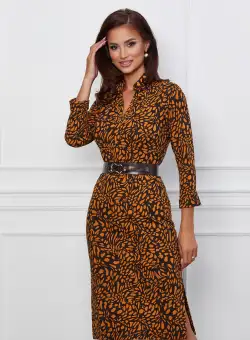 Rochie Aria maro cu imprimeuri orange si curea in talie