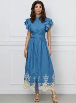 Rochie Arina albastra din denim cu broderie la baza si cura in talie