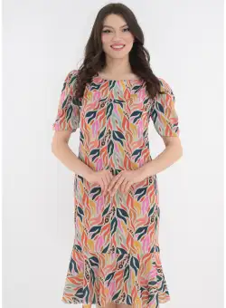 Rochie bej cu print abstract multicolor cu maneci bufante si volanas la tiv