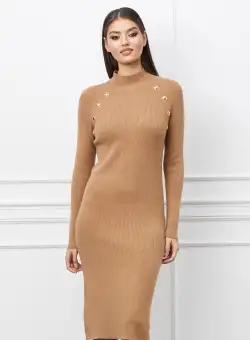 Rochie Betty bej din tricot reiat cu nasturi la bust