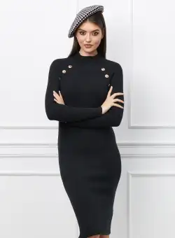 Rochie Betty neagra din tricot reiat cu nasturi la bust