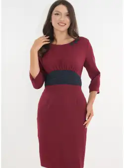 Rochie bordo cu insertii din brocart bleumarin in talie