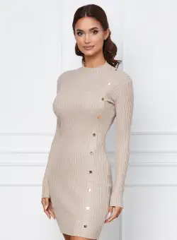 Rochie Clara bej din tricot reiat cu nasturi decorativi