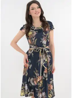 Rochie clos din satin bleumarin cu print floral