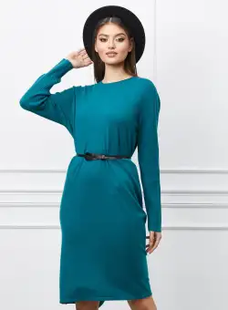 Rochie Corina verde petrol din tricot cu striatii pe maneci si curea in talie
