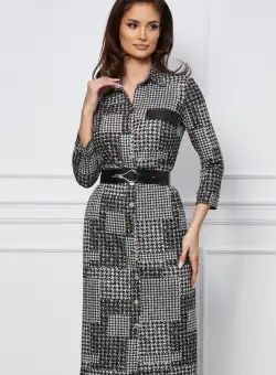 Rochie Dana neagra cu imprimeu pepit si curea in talie