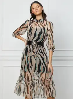 Rochie Daniela bej cu zebra print verde mint si curea in talie