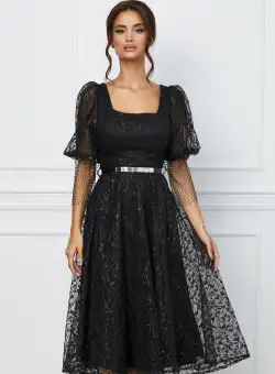 Rochie Denisa neagra din tulle cu plasa la maneci si curea in talie