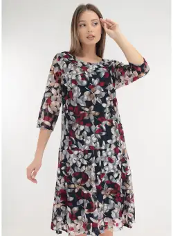 Rochie din dantela bleumarin cu model floral rosu-alb
