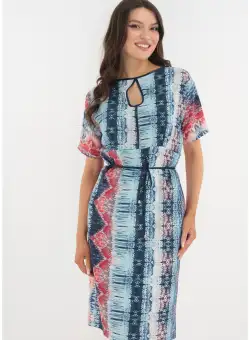 Rochie dreapta albastra cu print abstract rosu