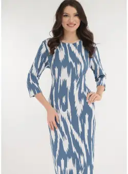 Rochie dreapta cu print abstract alb-albastru