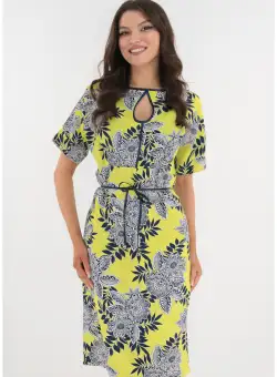 Rochie dreapta galbena cu flori bleumarin