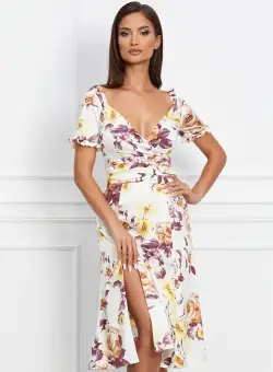Rochie Dy Fashion alba cu imprimeu floral bordo din satin