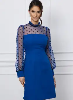 Rochie Dy Fashion albastra cu tull si buline catifelate