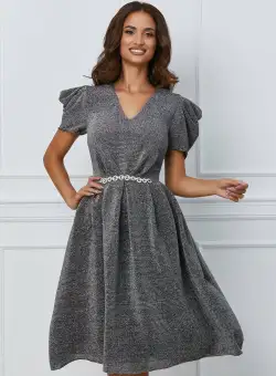 Rochie Dy Fashion argintie cu accesoriu in talie
