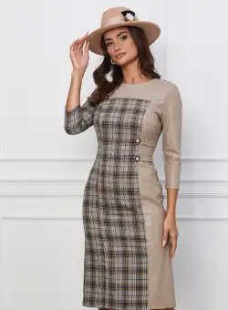 Rochie Dy Fashion bej cu carouri albastre si piele ecologica