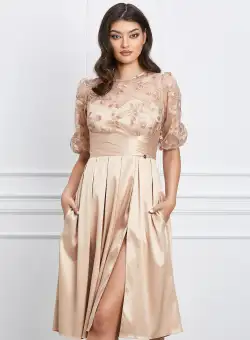 Rochie Dy Fashion bej din tafta cu broderie la bust