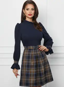 Rochie Dy Fashion bleumarin cu carouri galbene pe fusta