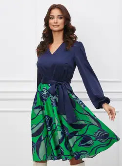 Rochie Dy Fashion bleumarin cu imprimeu turcoaz pe fusta si cordon in talie