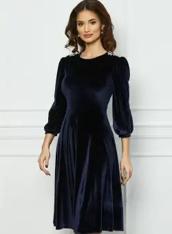 Rochie Dy Fashion bleumarin din catifea cu accesorii la umeri