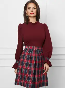 Rochie Dy Fashion bordo cu carouri rosii pe fusta