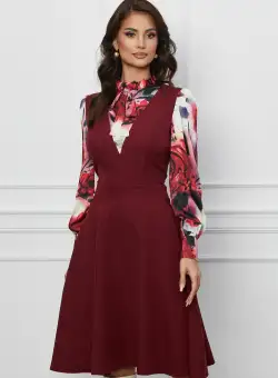 Rochie Dy Fashion bordo cu imprimeuri pe maneci si bust