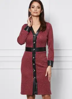 Rochie Dy Fashion bordo cu insertie fir lurex si nasturi