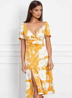 Rochie Dy Fashion galbena cu imprimeu floral alb din satin