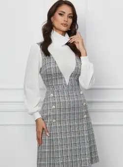Rochie Dy Fashion gri cu carouri tip sarafan