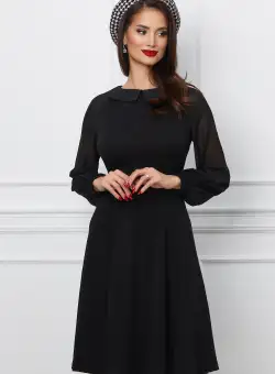 Rochie Dy Fashion neagra cu maneci si guler din voal