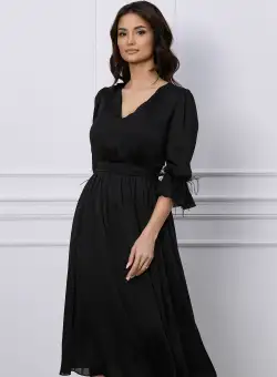 Rochie Dy Fashion neagra cu pene la maneci