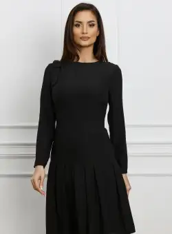 Rochie Dy Fashion neagra cu pliuri pe fusta si funda pe umar