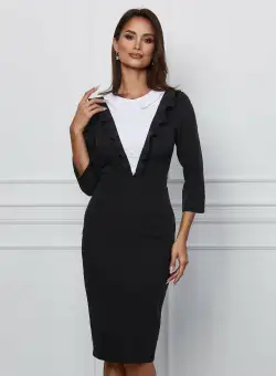Rochie Dy Fashion neagra cu volanas si nasturi la bust