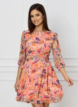 Rochie Dy Fashion peach cu imprimeu mov si orange